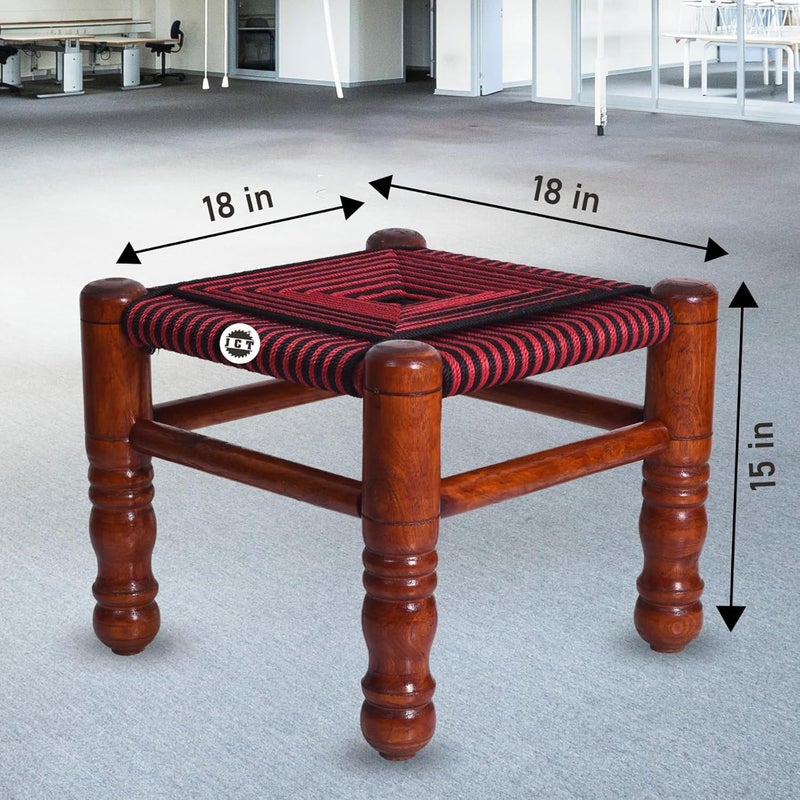 JCT JCT Traditional Handicrafts Red Cotton Rope Wooden Khatli Bajot Stool Charpai Chowki Pidda Mudda  - Image 3