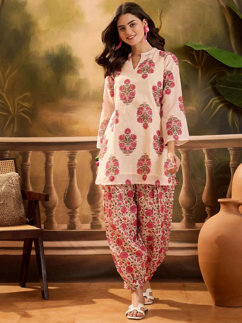 EthnicJunction Women's Linen Floral Print Summer Wear Straight Short Kurti with Afghani Pant Set | Kurta Pant Set | Office wear Kurta Set | Vacation wear Kurta Set Peach - Image 3