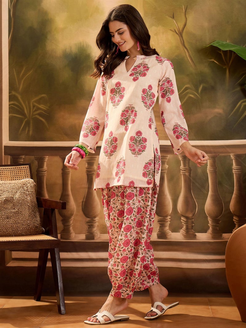 EthnicJunction Women's Linen Floral Print Summer Wear Straight Short Kurti with Afghani Pant Set | Kurta Pant Set | Office wear Kurta Set | Vacation wear Kurta Set Peach - Image 5