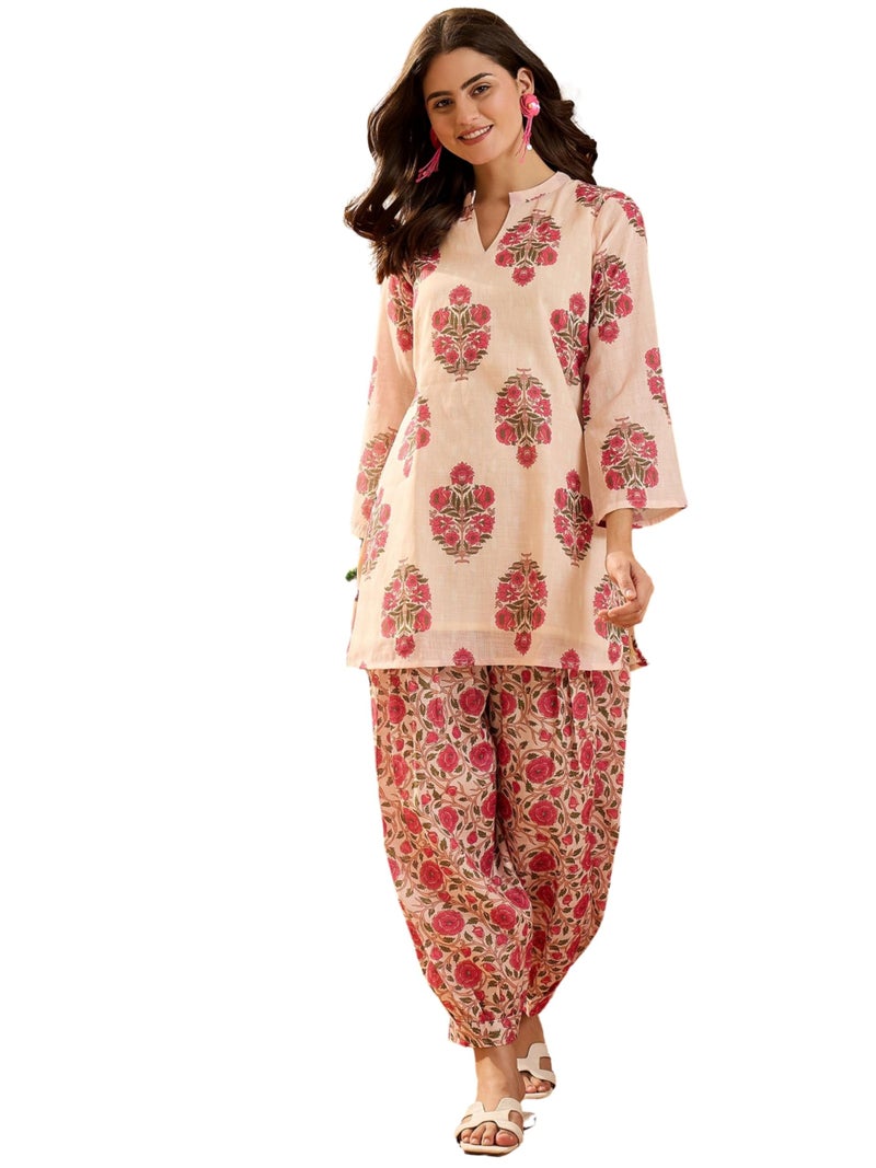 EthnicJunction Women's Linen Floral Print Summer Wear Straight Short Kurti with Afghani Pant Set | Kurta Pant Set | Office wear Kurta Set | Vacation wear Kurta Set Peach - Image 1