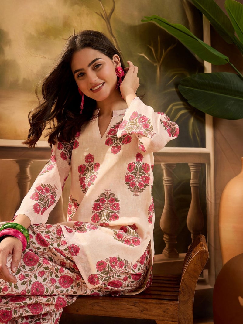 EthnicJunction Women's Linen Floral Print Summer Wear Straight Short Kurti with Afghani Pant Set | Kurta Pant Set | Office wear Kurta Set | Vacation wear Kurta Set Peach - Image 2