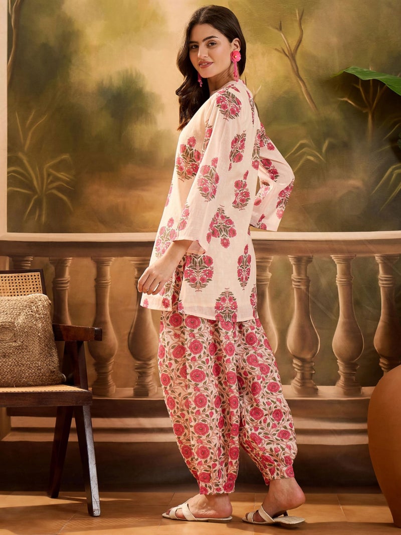 EthnicJunction Women's Linen Floral Print Summer Wear Straight Short Kurti with Afghani Pant Set | Kurta Pant Set | Office wear Kurta Set | Vacation wear Kurta Set Peach - Image 4