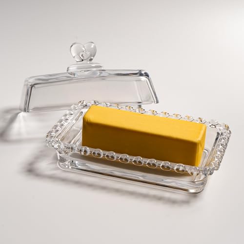 QIANCHANG Glass Butter Dish with Heart Lid, Clear Glass Covered Butter Stick Holder Tray, Crystal Butter Storage Container for Fridge Countertop - Image 2
