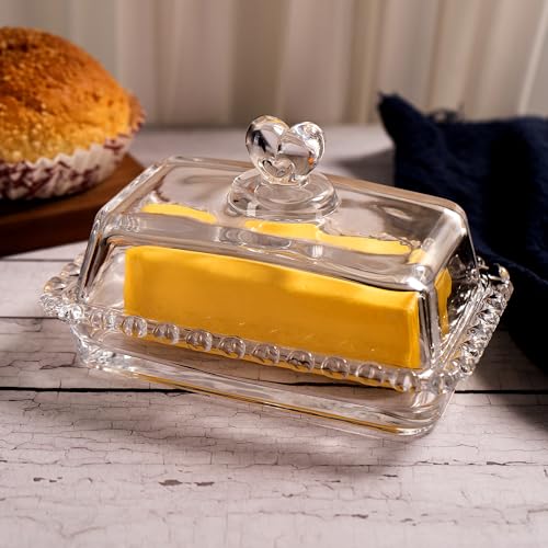 QIANCHANG Glass Butter Dish with Heart Lid, Clear Glass Covered Butter Stick Holder Tray, Crystal Butter Storage Container for Fridge Countertop - Image 4
