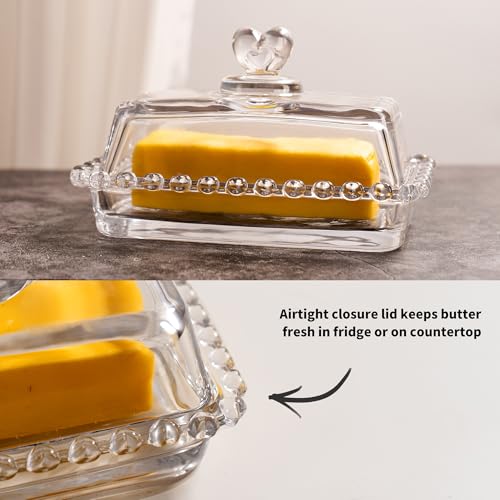 QIANCHANG Glass Butter Dish with Heart Lid, Clear Glass Covered Butter Stick Holder Tray, Crystal Butter Storage Container for Fridge Countertop - Image 3
