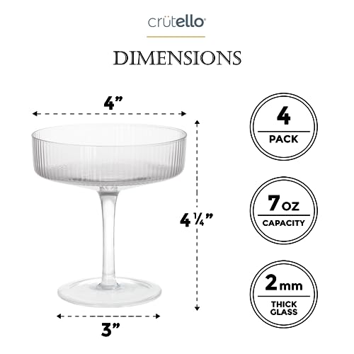 Crutello Champagne Coupe Glasses Set of 4, Classic 7oz Vintage Cocktail Glass, Ribbed Fluted Glassware for Champagne, Martini, Manhattan, Cosmopolitan, Spritz & Frozen Drinks - Image 2