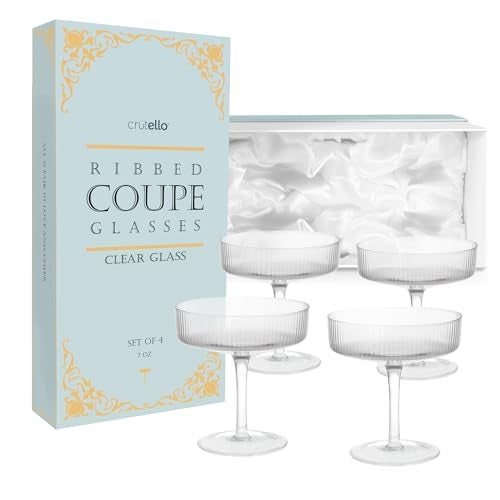 Crutello Champagne Coupe Glasses Set of 4, Classic 7oz Vintage Cocktail Glass, Ribbed Fluted Glassware for Champagne, Martini, Manhattan, Cosmopolitan, Spritz & Frozen Drinks - Image 1