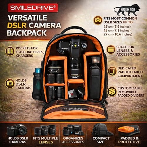 SMILEDRIVE® Waterproof DSLR Camera & Laptop Backpack – Lightweight, Durable & Travel-Ready Gear Bag with Top-Side Buckles | Fits Most Common Camera Sizes | Custom Dividers | Rain Cover - Image 2