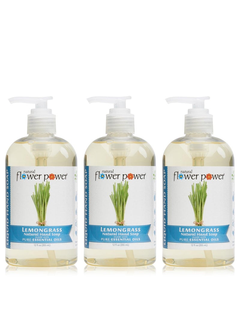 Natural Flower Power - Moisturizing Liquid Hand Soap  Lemongrass  PlantBased  Aloe Vera  Scented w Pure Essential Oils  Natural Hand Wash Kitchen  Bathroom  12 Fl Oz Pump Bottles Pack of 3 - Image 1