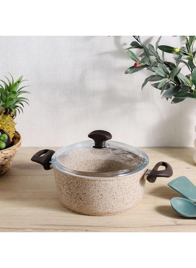 Falez Creamy Granite Casserole 32x13cm Family-Size Nonstick Granite Cooking Pot with Glass Lid Induction Safe Elegant Cookware - Image 1