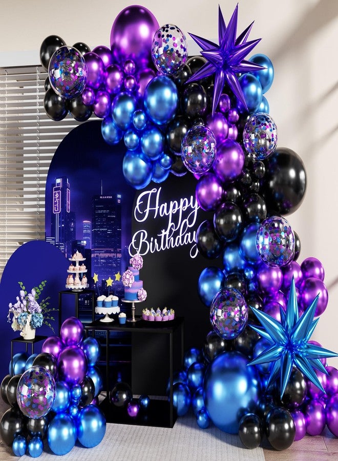 LANGASQUE Black Purple Blue Balloon Garland Arch Kit, 140Pcs Metallic Blue Purple Teal Balloons Confetti Balloons with Stars for Fun Play Party Decorations Baby Shower Engagement Birthday Party Decorations - Image 1