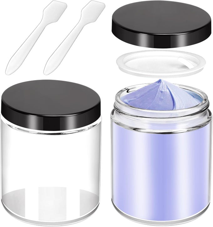 2 PACK 8OZ GLASS JARS WITH LIDS, ROUND GLASS JARS WITH SPATULAS, INNER LINERS AND BLACK LIDS, EMPTY COSMETIC CONTAINERS TRAVEL TOILETRIES CONTAINER FOR LOTION, CREAM, MAKEUP, COSMETIC, SLIME