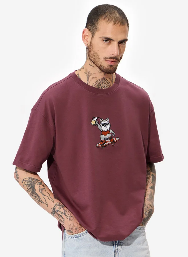 The Souled Store Men's Oversized Fit Printed Burgundy T-Shirt