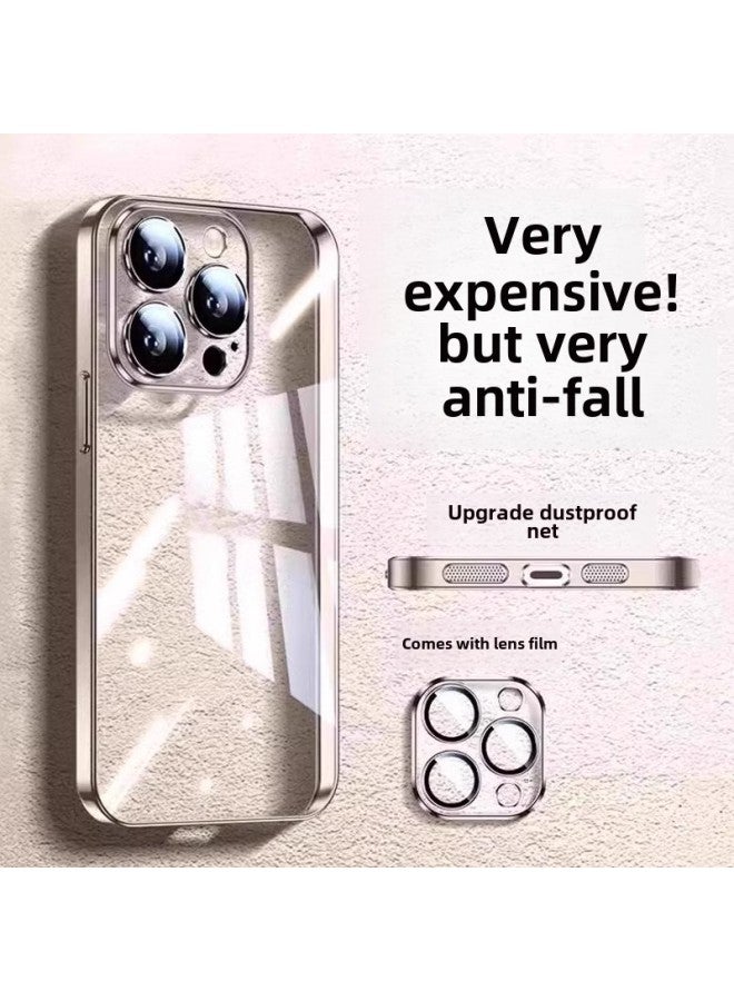 Suitable For IPhone16promax Plating Transparent Mobile Phone Case Apple 14 Comes With Lens Film Anti-drop Protective Cover 13-Color:Titanium Original Color-Applicable Models:iPhone14plus