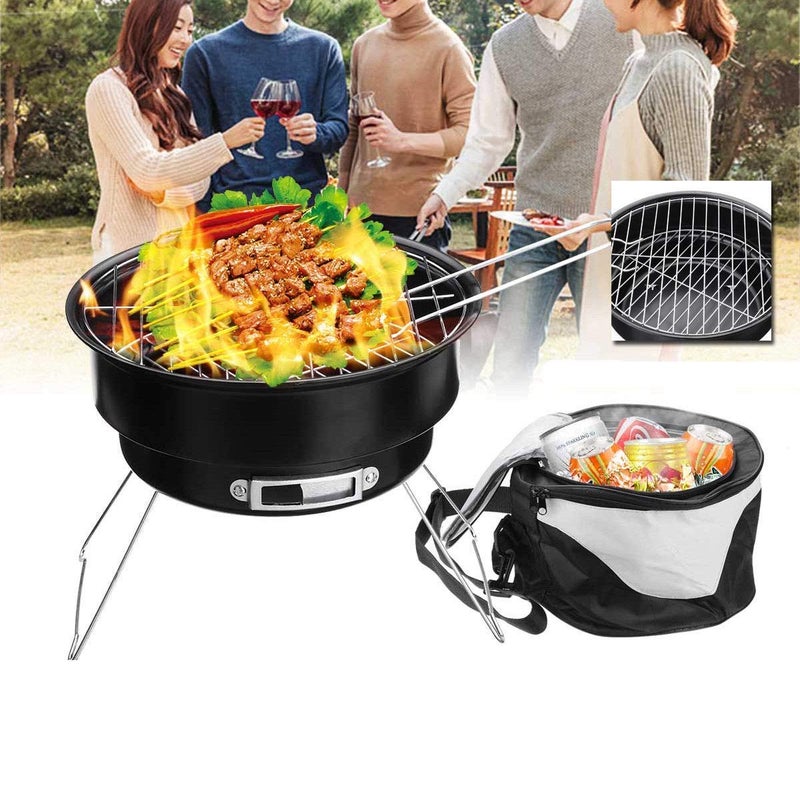 AMULAKH AMULAKH Portable Round Folding Barbeque Grill Charcoal BBQ Grill Lightweight Small Picnic BBQ Table with Cooler Carry Bag Easy to Clean - Image 2
