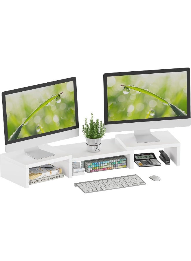 SUPERJARE Dual Monitor Stand Riser, Adjustable Length and Angle Multi Screen Stand, Desktop Stand Storage Organizer for Laptop Computer/TV/PC/Printer- White