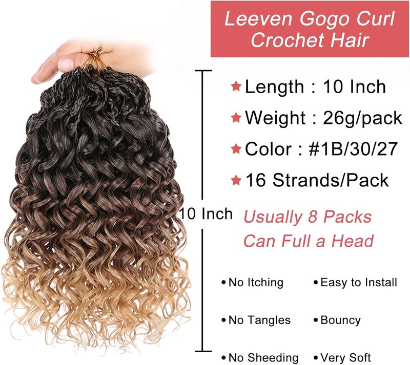 Leeven 10 Inch Gogo Curl Crochet Hair 8 Packs Ombre Brown to Honey Blonde Ocean Wave Crochet Hair Pre Looped Deep Twist Goddess Box Braids Short Curly Water Wave Synthetic Hair for Women Girl Kids - Image 3