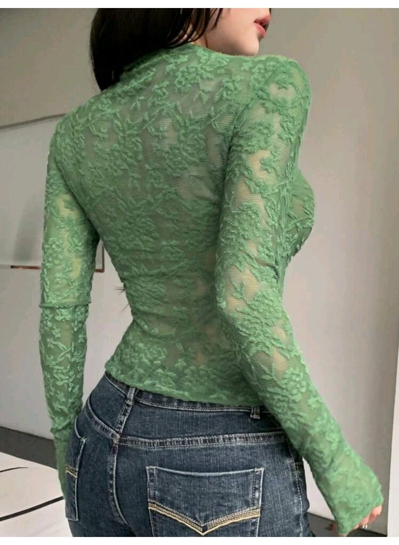 دازي بلوزة DAZY النسائية ذات الأكمام الطويلة والقصيرة من الدانتيل الشفاف باللون الأخضر - Image 3