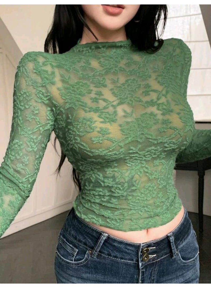 دازي بلوزة DAZY النسائية ذات الأكمام الطويلة والقصيرة من الدانتيل الشفاف باللون الأخضر - Image 5