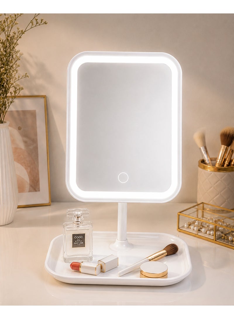 Rechargeable Led Vanity Makeup Mirror With 3 Adjustable Light Modes, Touch Control, 90° Rotation And Storage Tray For Dressing Table & Bedroom - Image 1
