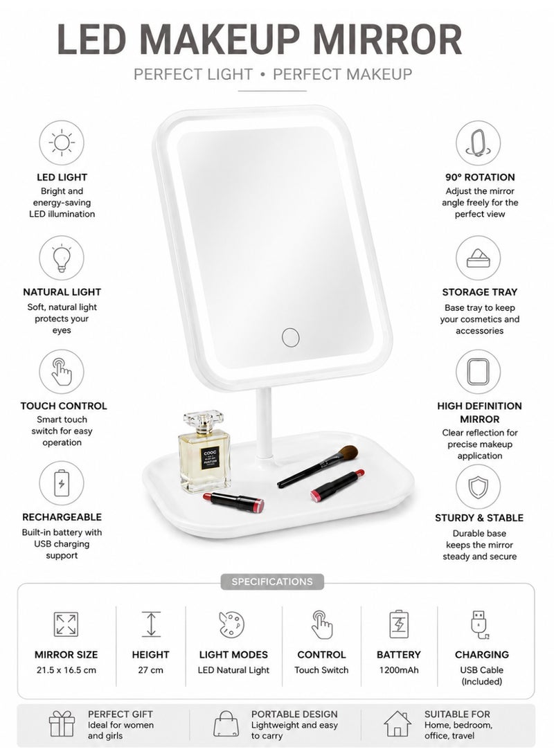 Rechargeable Led Vanity Makeup Mirror With 3 Adjustable Light Modes, Touch Control, 90° Rotation And Storage Tray For Dressing Table & Bedroom - Image 3