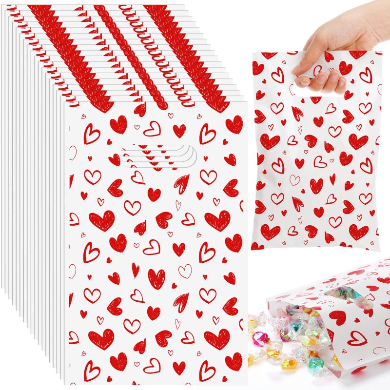 GliCraft 100 Pcs Valentine's Day Gift Bags with Handle 9.84'' x 6.5'' Plastic Cute Heart Treat Bags Valentines Party Favors for Gifts Wrapping Wedding Party Supplies Decoration - Image 1