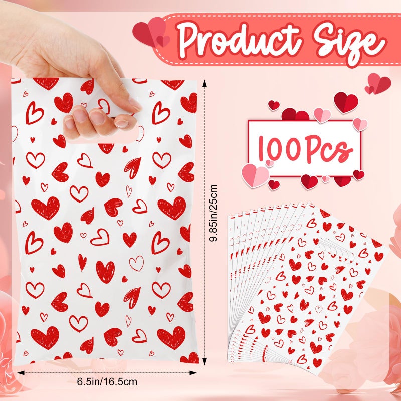 GliCraft 100 Pcs Valentine's Day Gift Bags with Handle 9.84'' x 6.5'' Plastic Cute Heart Treat Bags Valentines Party Favors for Gifts Wrapping Wedding Party Supplies Decoration - Image 3
