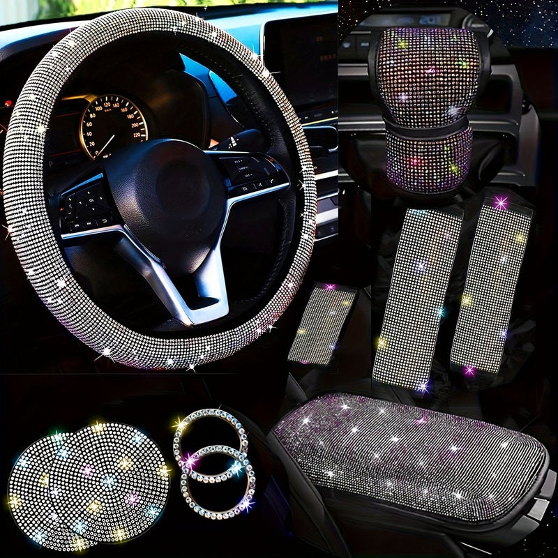10pcs Blue Luxury Shiny Car Interior Set Four Seasons Steering Wheel Cover - Image 1