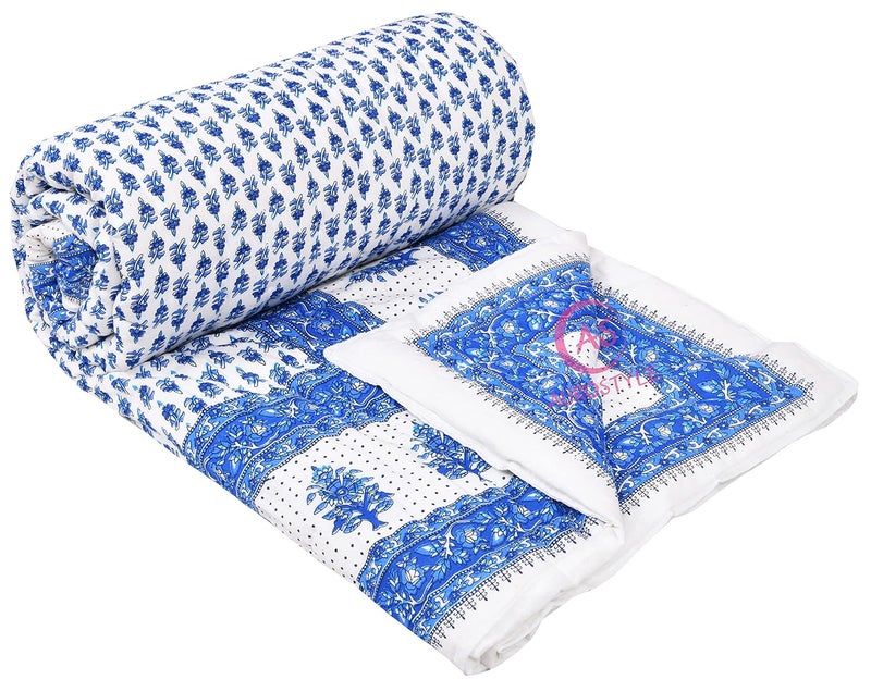 THROWS HOME DECOR 400 TC Double Bed Jaipuri Razai Organic Pure Cotton Jaipuri rajai Ac Quilt for Winter and Summer Soft Light Weight Rajasthani Traditional Cotton Comforter 85 x 100 inch Blue - Image 1