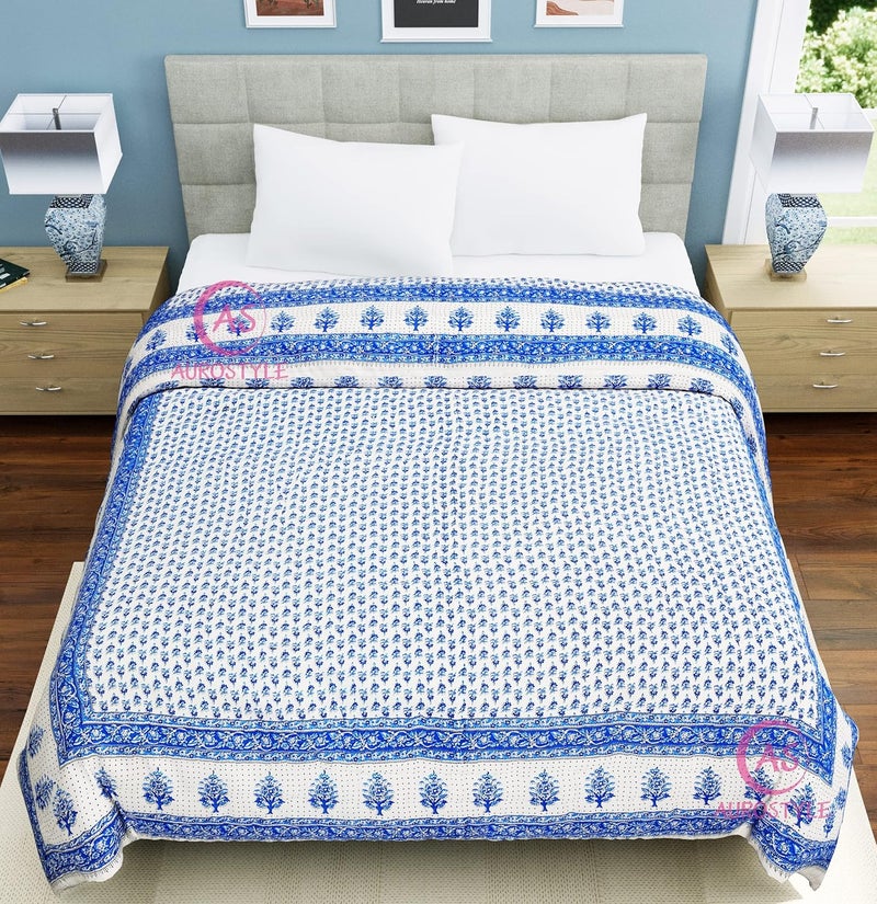 THROWS HOME DECOR 400 TC Double Bed Jaipuri Razai Organic Pure Cotton Jaipuri rajai Ac Quilt for Winter and Summer Soft Light Weight Rajasthani Traditional Cotton Comforter 85 x 100 inch Blue - Image 3