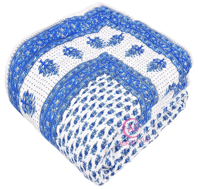THROWS HOME DECOR 400 TC Double Bed Jaipuri Razai Organic Pure Cotton Jaipuri rajai Ac Quilt for Winter and Summer Soft Light Weight Rajasthani Traditional Cotton Comforter 85 x 100 inch Blue - Image 5