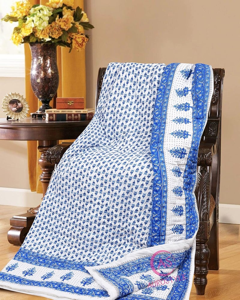 THROWS HOME DECOR 400 TC Double Bed Jaipuri Razai Organic Pure Cotton Jaipuri rajai Ac Quilt for Winter and Summer Soft Light Weight Rajasthani Traditional Cotton Comforter 85 x 100 inch Blue - Image 4