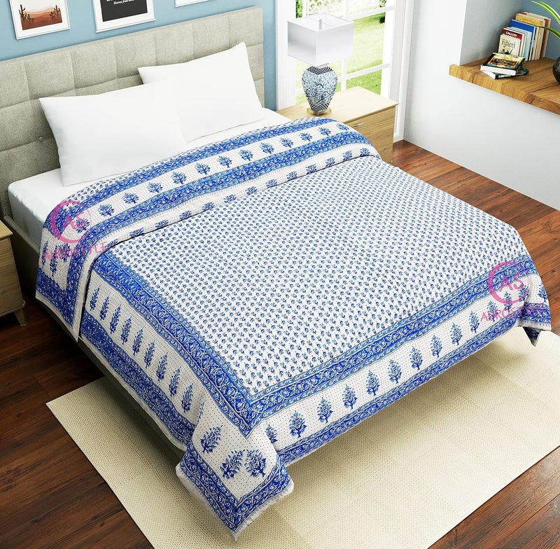 THROWS HOME DECOR 400 TC Double Bed Jaipuri Razai Organic Pure Cotton Jaipuri rajai Ac Quilt for Winter and Summer Soft Light Weight Rajasthani Traditional Cotton Comforter 85 x 100 inch Blue - Image 2