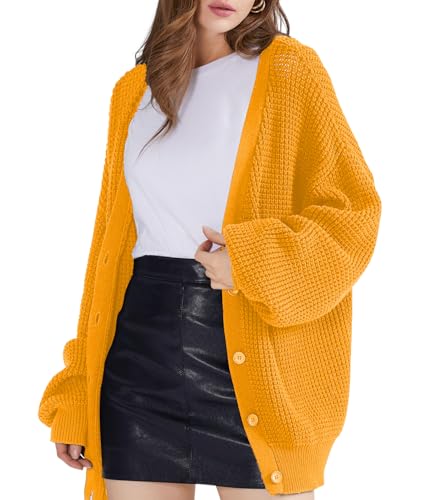 QUALFORT Women's Mustard Cardigan Sweaters for Women 100% Cotton Button-Down Long Sleeve Oversized Knit Outerwear Medium - Image 1