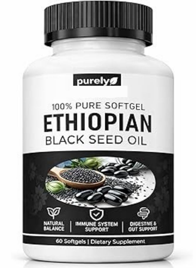 Purely Nutrient Ethiopian Black Seed Oil 100% Pure Softgels, High Thymoquinone, Natural Immune System Support, Digestive & Gut Health, Non-GMO Gluten-Free Dietary Supplement, 60 Capsules