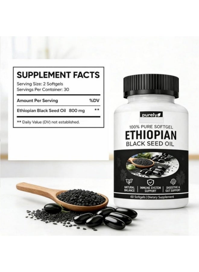 Purely Nutrient Ethiopian Black Seed Oil 100% Pure Softgels, High Thymoquinone, Natural Immune System Support, Digestive & Gut Health, Non-GMO Gluten-Free Dietary Supplement, 60 Capsules - Image 4