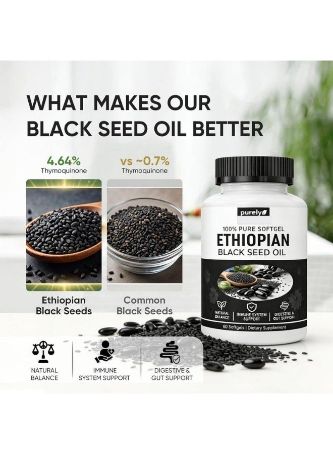 Purely Nutrient Ethiopian Black Seed Oil 100% Pure Softgels, High Thymoquinone, Natural Immune System Support, Digestive & Gut Health, Non-GMO Gluten-Free Dietary Supplement, 60 Capsules - Image 3
