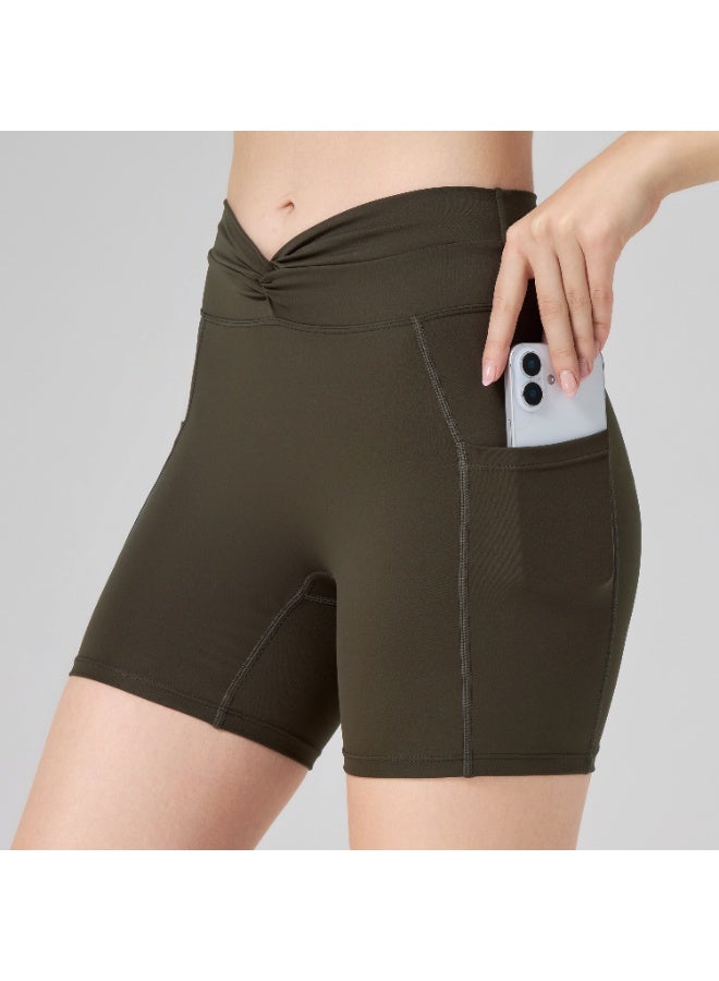AMORXE Women’s High Waisted Yoga Shorts – Twist Waistband, Tummy Control Workout Shorts with Side Pockets for Gym Fitness Running – Large, Olive Green - Image 2