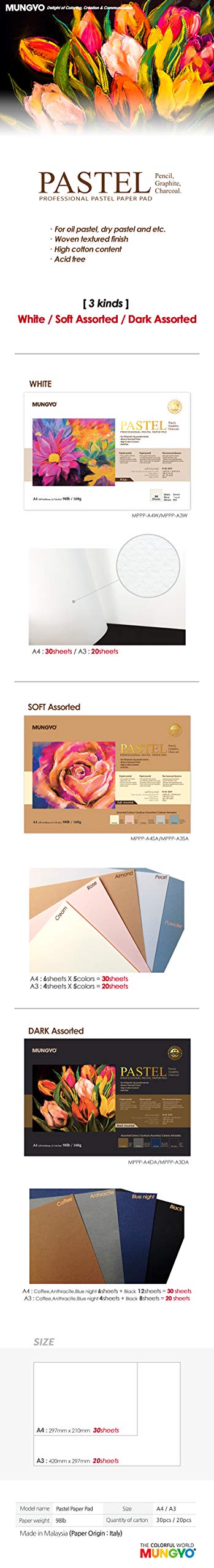 Mungyo Soft Pastel Colors Paper 160GSM, 98lb (White, 30 Sheets- A4) - Image 3