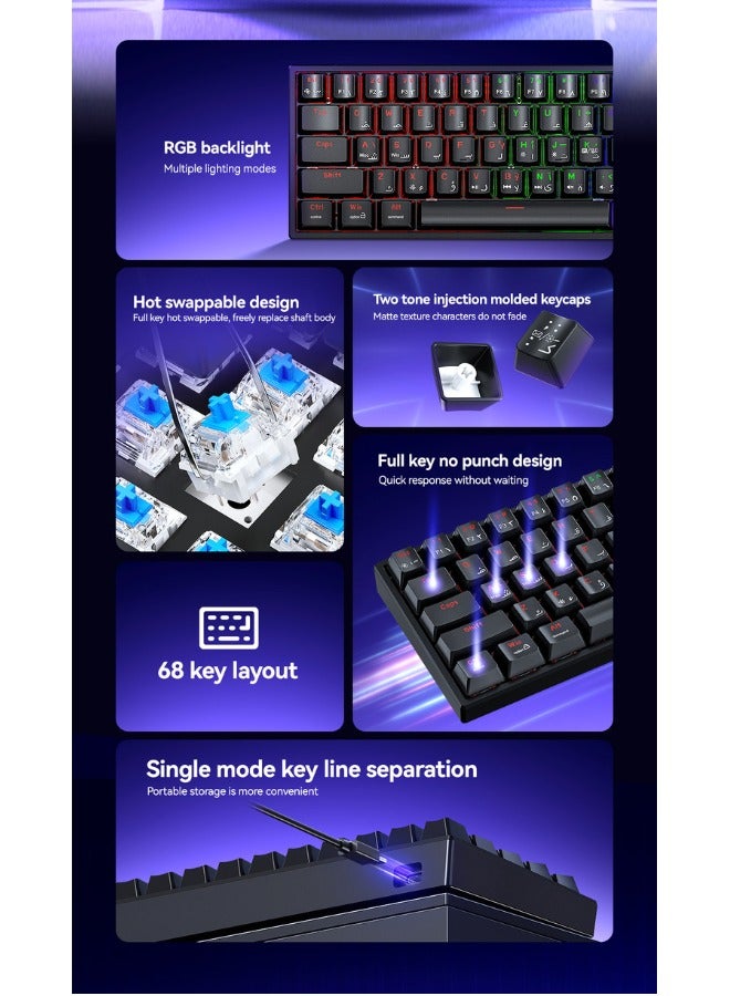 دايد سكل لوحة مفاتيح ميكانيكية للألعاب 68 مفتاح بإضاءة خلفية RGB وحواف رفيعة منفذ USB-C سلكي مضاد للتداخل تخطيط إنجليزي وعربي لألعاب الكمبيوتر والاستخدام اليومي متوافقة مع Windows وMAC OS وLinux - Image 3