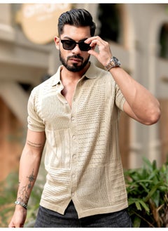 Maniac Mens 3/4th Sleeve Beige Wrap Flat Knit Cotton Shirt  - Image 1