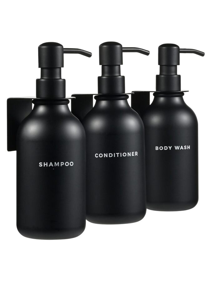Shower Soap Dispenser Wall Mounted - Set of 3 Black Plastic Bottles Black Pump - Shampoo Dispenser, Shower Dispenser 3 Chamber - 3 Waterproof Labels - Image 1