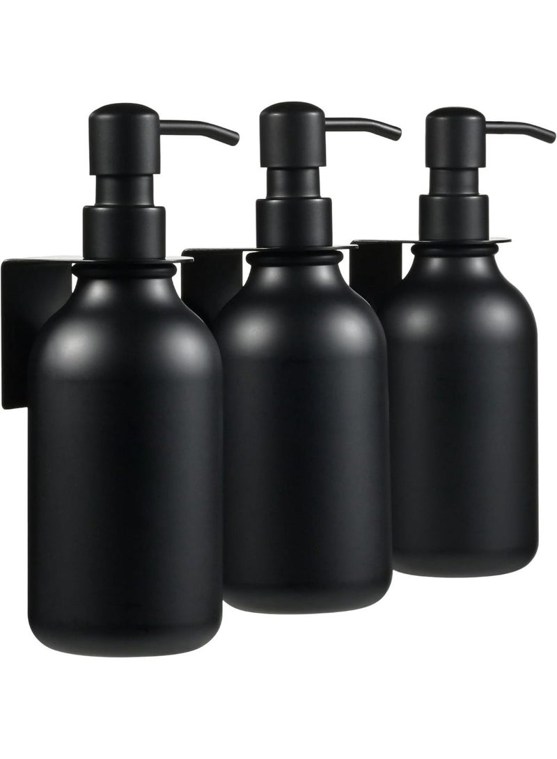موزع صابون استحمام مثبت على الحائط - مجموعة من 3 زجاجات بلاستيكية سوداء مضخة سوداء - موزع شامبو، موزع استحمام 3 حجرات - 3 ملصقات مقاومة للماء - Image 1