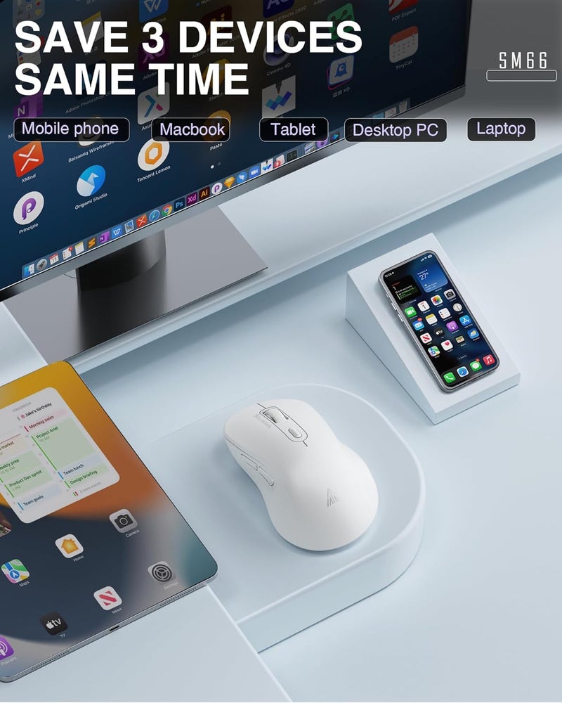 SOLAKAKA SM66 White Silent Dual Mode 2.4GHz Wireless Mouse, Adjustable 4800 DPI, Rechargeable Computer Mouse for PC, Mac, Laptop, Desktop - Image 3