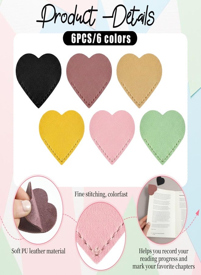 Jeffdad 6pcs Leather Heart Bookmark, Cute Corner Page Bookmarks for Women Portable Book Marks Book Accessories for Teachers Students Book Reading Lovers Thank You Gifts - Image 3