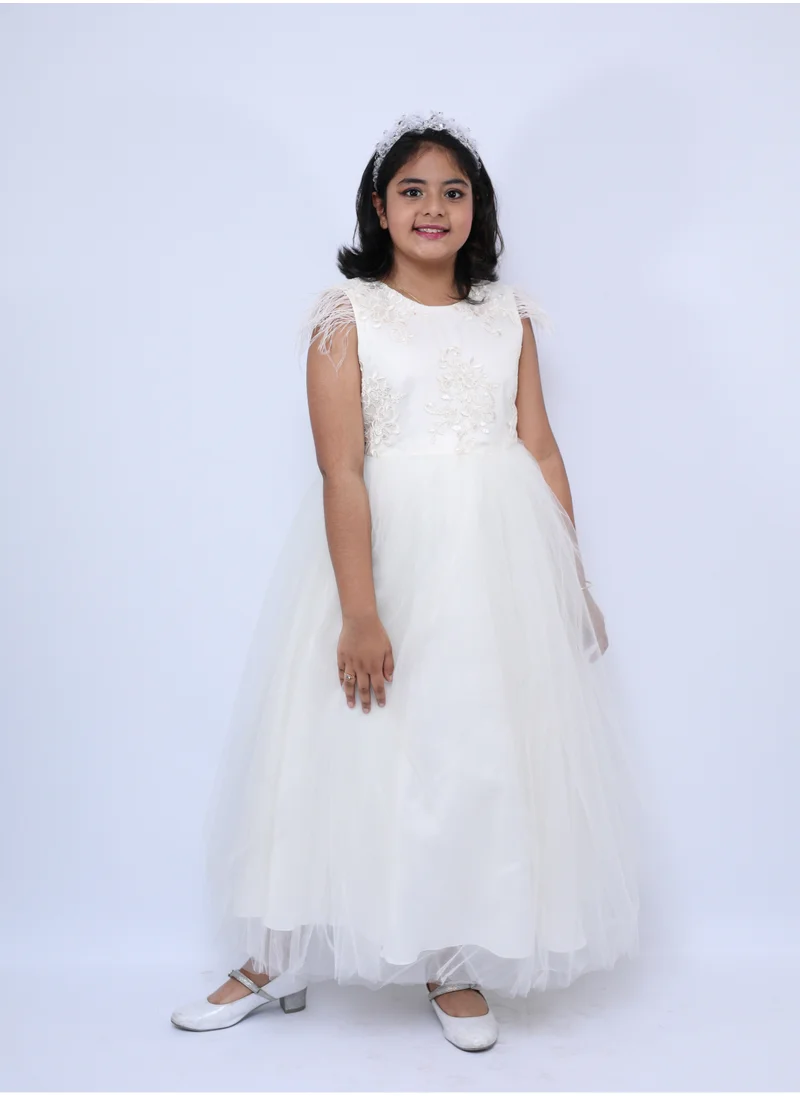 D'Daniela Long Party Dress with Patterns Cream Colour