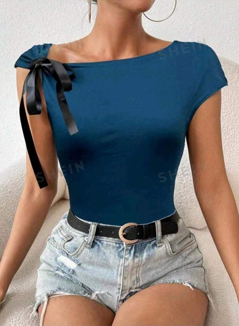 Shein SHEIN Essnce Asymmetrical Collar T-Shirt With Bow Tie - Image 1