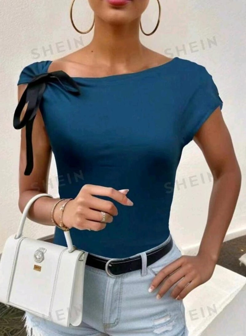 Shein SHEIN Essnce Asymmetrical Collar T-Shirt With Bow Tie - Image 4
