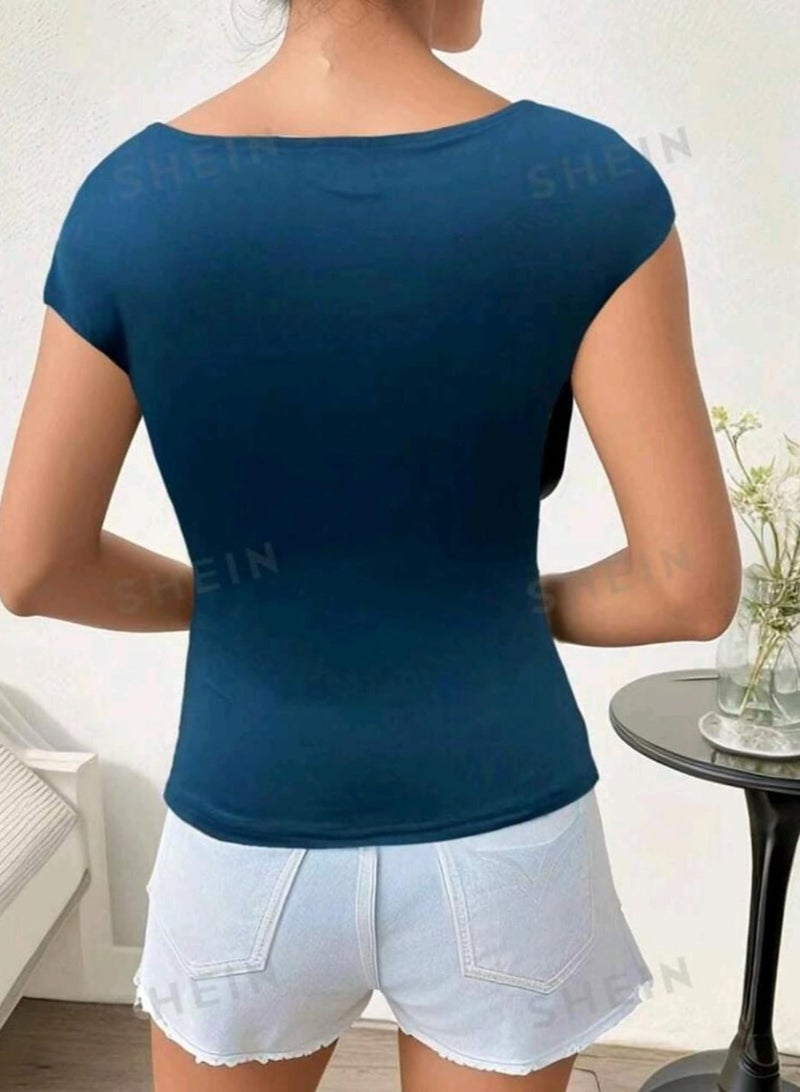 Shein SHEIN Essnce Asymmetrical Collar T-Shirt With Bow Tie - Image 5