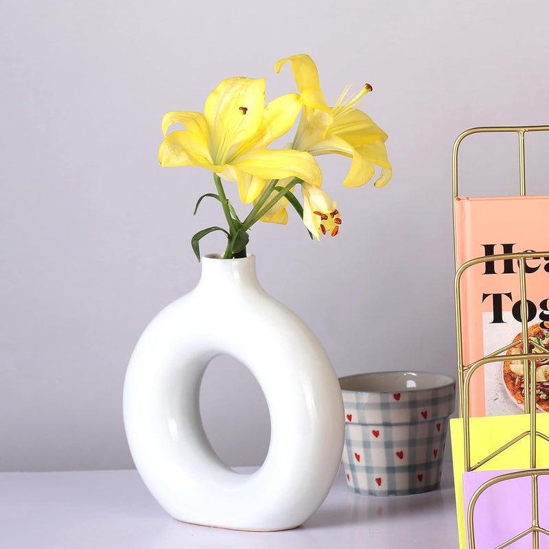 Kreative Homes Kreative Homes Premium Donut Ring Vases Ceramic Round Shaped Flower Pot Ring Shaped vases Handcrafted Flower Vases and Pot for Home Decoration Center Table Decor Ideal Gift White  - Image 1